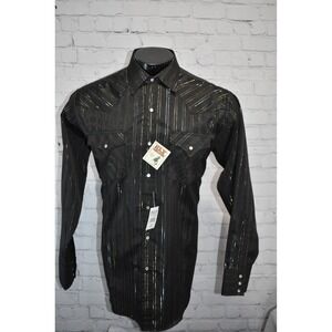 Ely Cattleman Western Shirt Mens Large Black Gold Metallic Stripe Pearl Snap NEW